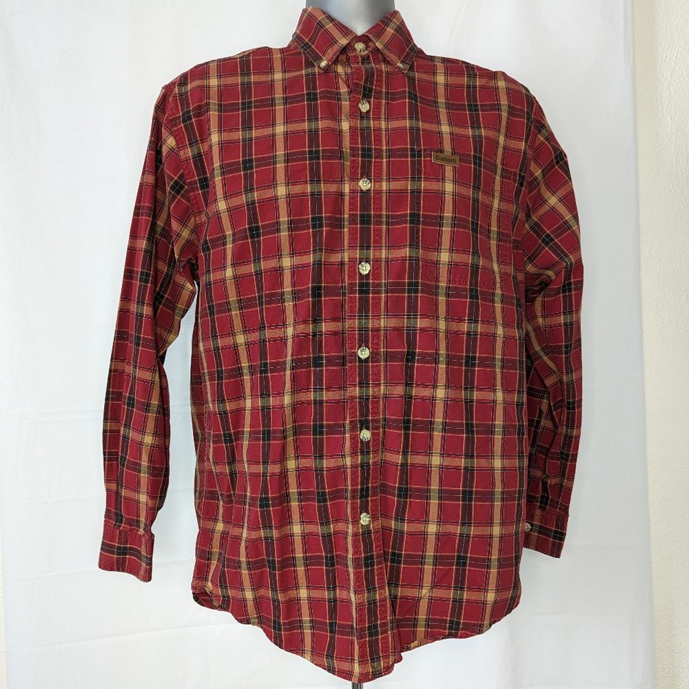 Carhartt Red Plaid Long Sleeve Button Down Shirt 100% Cotton Size S Small Men's